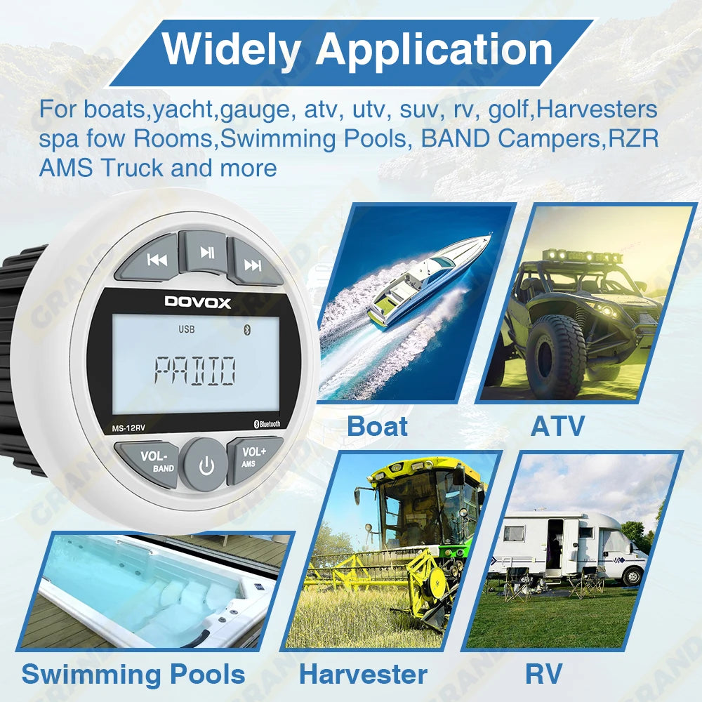 White Marine Stereo Boat Radio Bluetooth IPX5 Waterproof FM AM With Speaker Digital Media Audio For Yacht ATV UTV RV Golf Cart