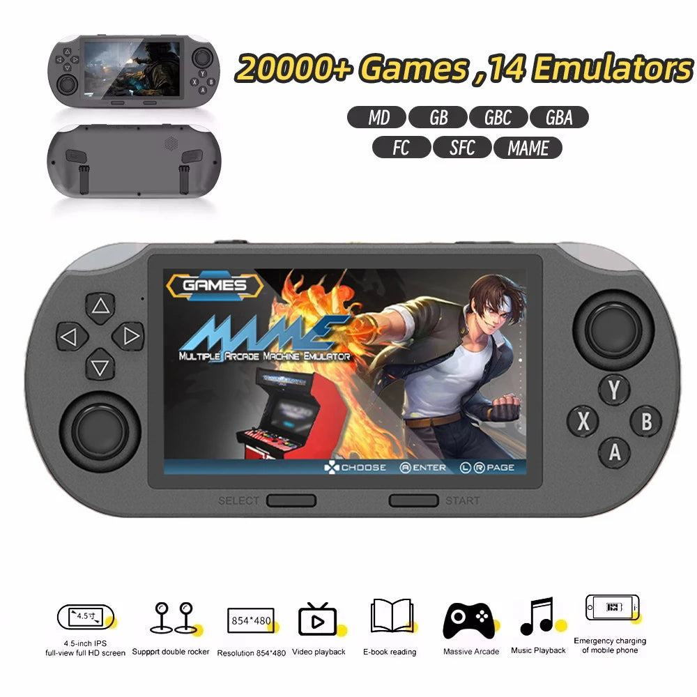 SF3000 handheld game console with a 4.5-inch large screen, supporting e-books, MP4， Music function, built-in 20000+games