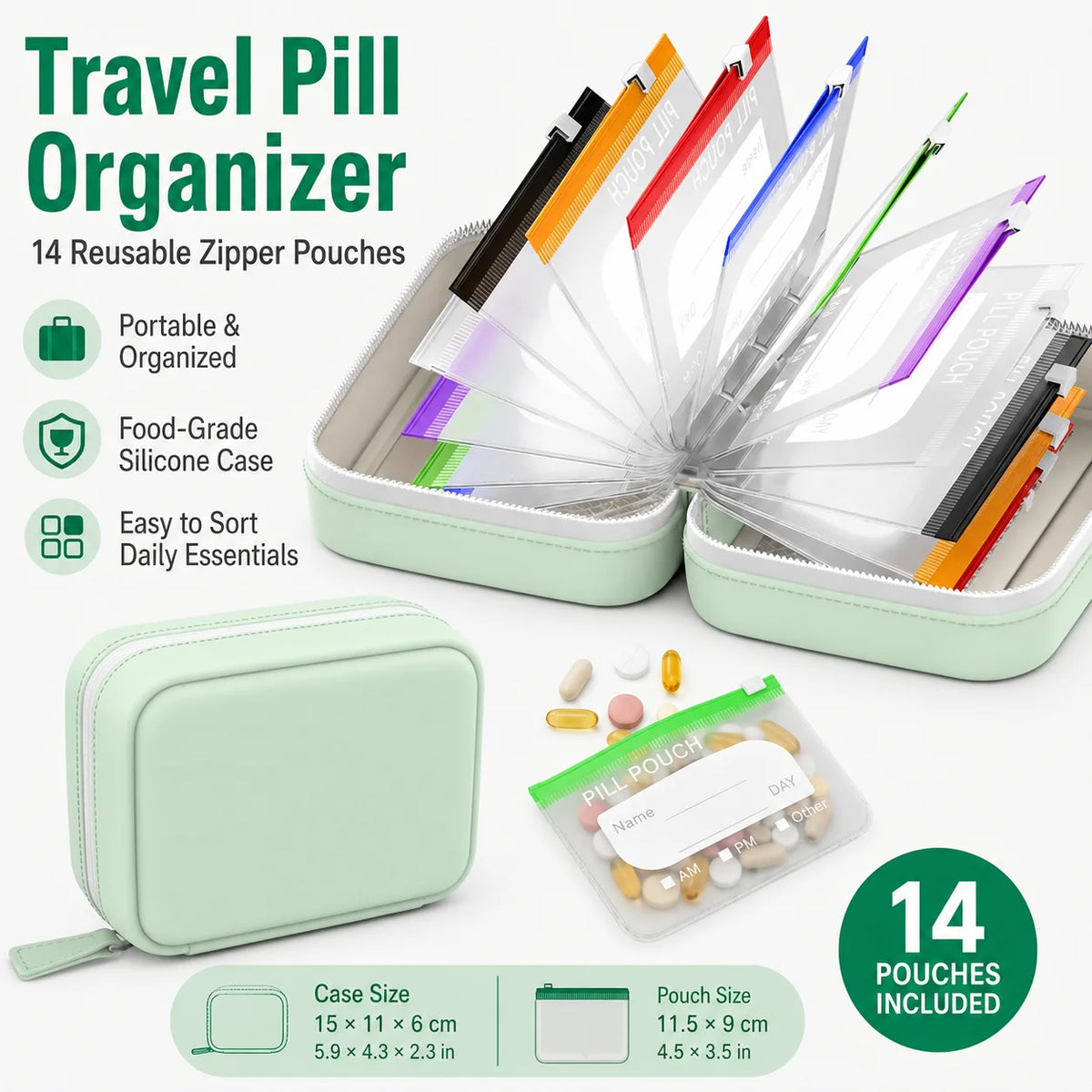 Travel Pill Organizer Case with 14 Reusable Zipper Pouches, Food-Grade Silicone, Black