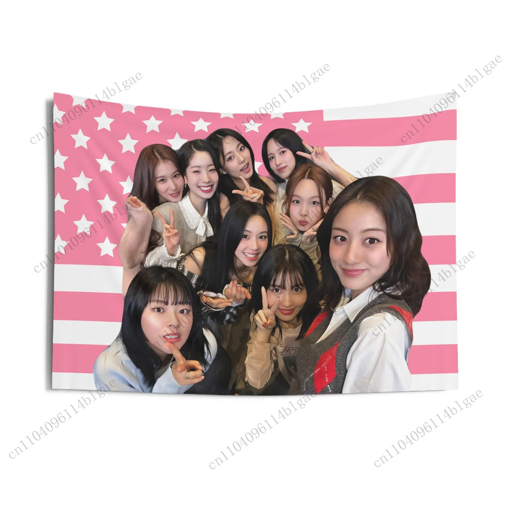 Idol Adoration Wall Hanging Twice Members' Selfies With Pink American Flag Banners Creative Gifts  Concert Banner Home Decor