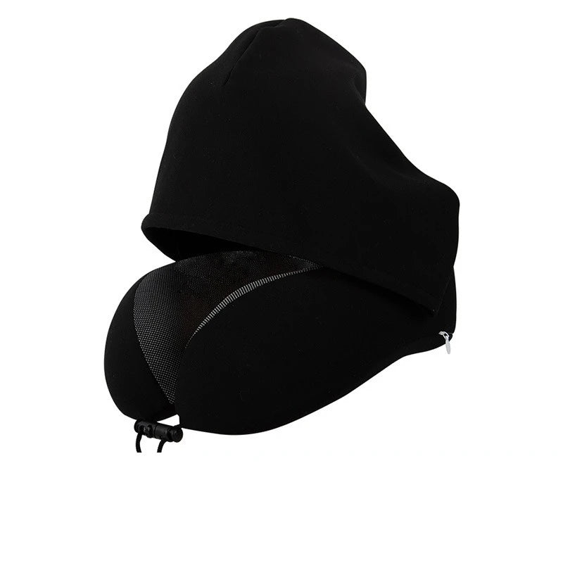 Hooded U-Shaped Travel Neck Pillow, Memory Foam, Removable Washable Cover, 27x27x14cm