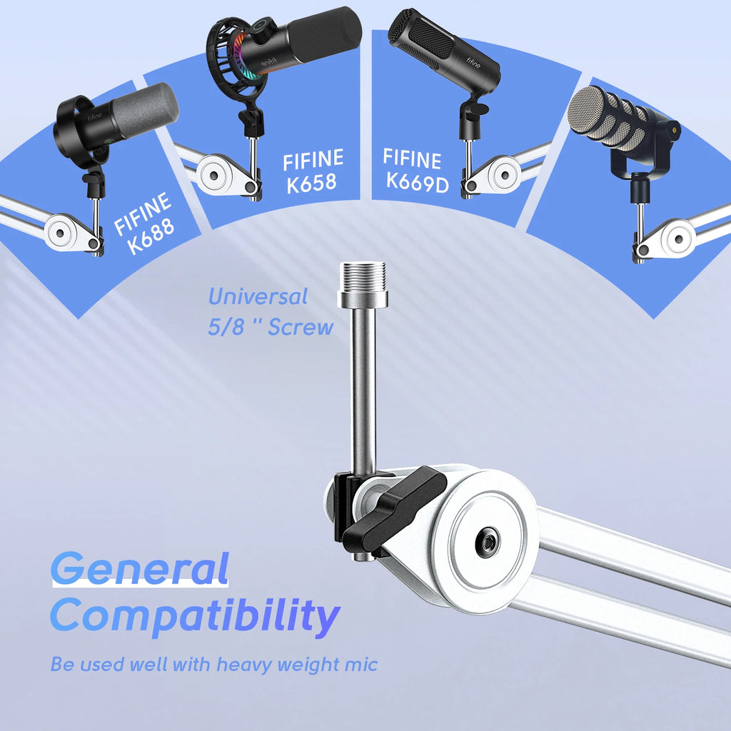 FIFINE Microphone Arm Boom,Adjustable Heavy Suspension Boom with Desk Clamp for K658/A2/Gaming,Streaming,Podcasting-BM63W-White
