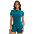 Women's One Piece Rash Guard Swimsuit with Zipper, Short Sleeve Surf Suit, S-XXL