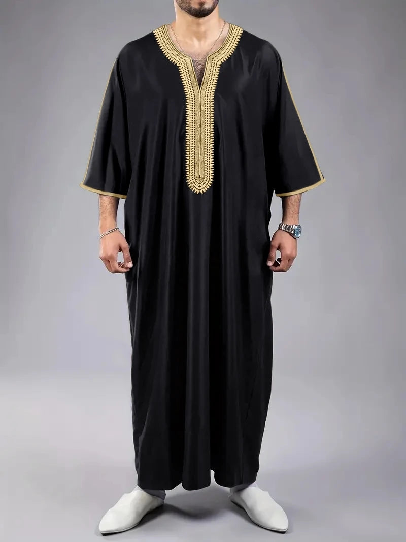 Summer 2025 Kaftan Muslim Men's Short Sleeve Embroidered Loose Casual Robe Breathable Islamic Abaya for Men