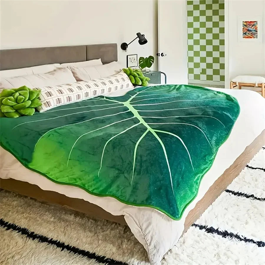 Leaf Pattern Flannel Throw Blanket Green, 115x150cm 150x200cm 180x210cm