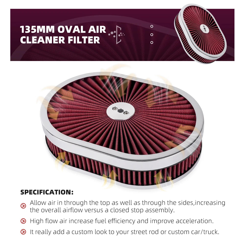 ZSRacing 12"x2" Oval Super Flow Thru Air Cleaner Washable For SBC Chevy Ford Chryler Dodge 5-1/8 Carb Neck OFI131