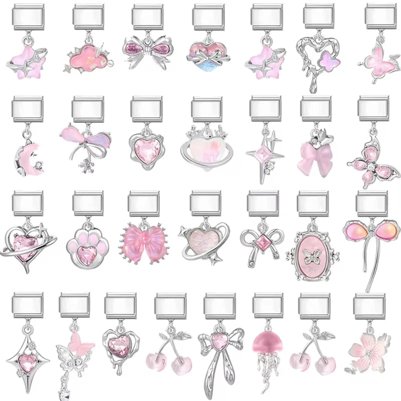 2025 New Sweet Pink Zircon Heart Bows Cherry Moon Star DIY Making Bracelet Women Men Stainless Steel 9mm Italian Charm Links Fit