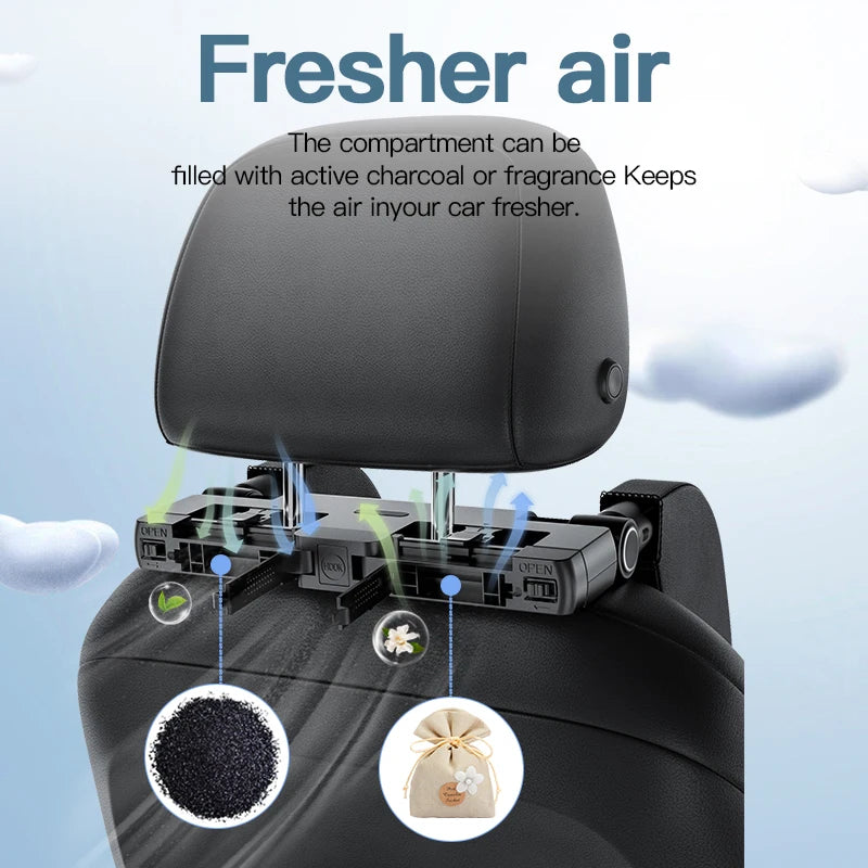 Car Headrest Neck Support Pillow with Hidden Hanger, 180° Rotating, Black Cloth/Leather