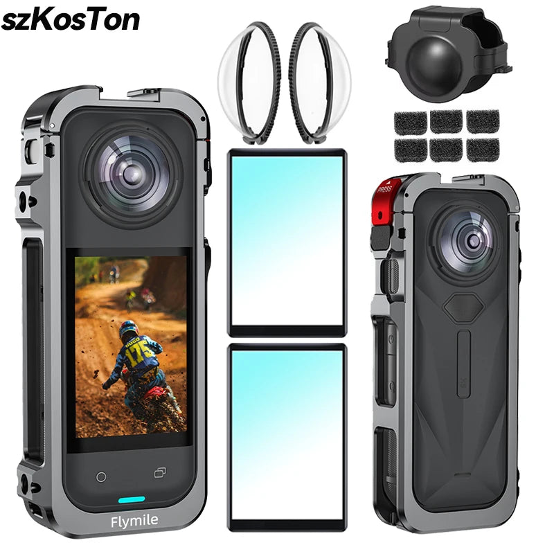 Aluminum Protective Case For Insta360 X5 Camera Frame Rabbit Cage With Silicone Lens Cover Cold Shoe For Insta 360 X5 Accessory