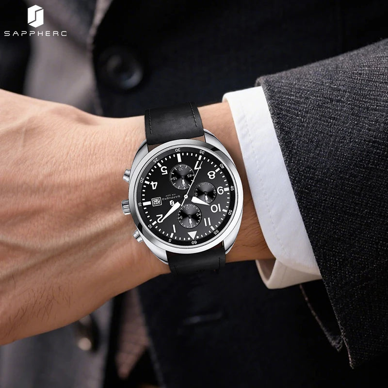 SAPPHERO Business Men's Watch Comfortable Leather Strap Water Resistant Watch with Illuminated Hands Chronograph Watch For Men