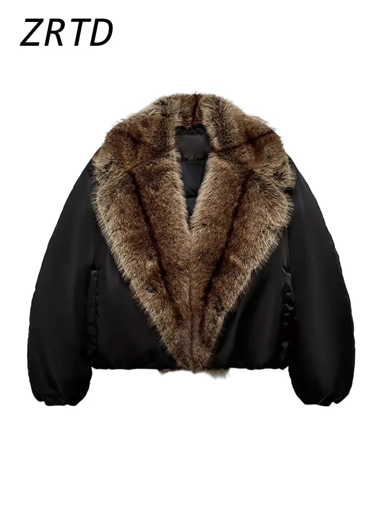 Street Faux Fur Patchwork Cropped Coats Women Loose Lapel Full Sleeve Pockets Warm Jackets 2025 Winter Lady Fashion Outwear