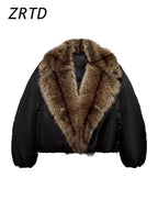 Street Faux Fur Patchwork Cropped Coats Women Loose Lapel Full Sleeve Pockets Warm Jackets 2025 Winter Lady Fashion Outwear