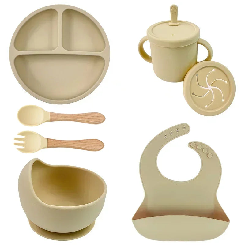 Food Grade Silicone Child Dish Set Baby Feeding Bowl Suction Plate Straw Cup Wooden Spoon Fork for Kids Tableware Toddler Dishes