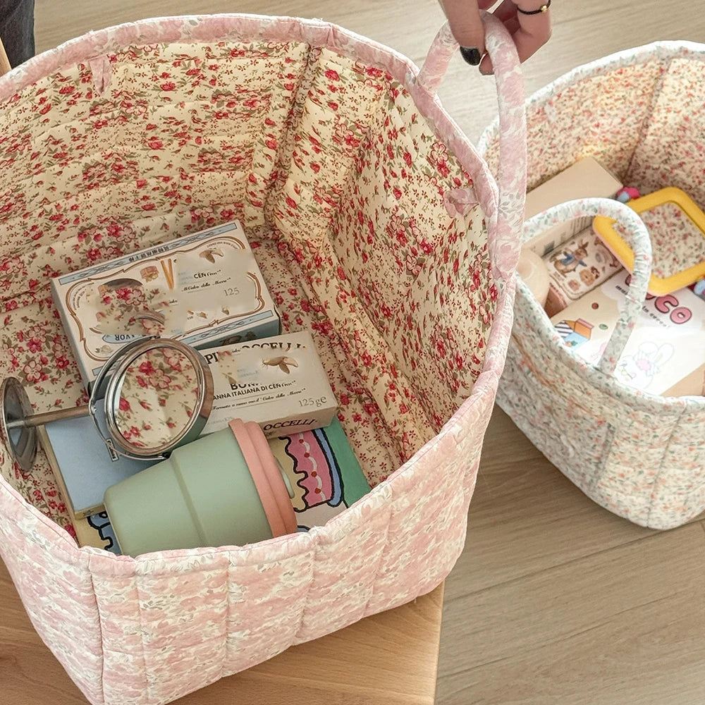 Airfriend Vintage Floral Organizers Basket With Handle Portable Home Room Quilted Foldable Storage Basket For Snack Clothes Toys