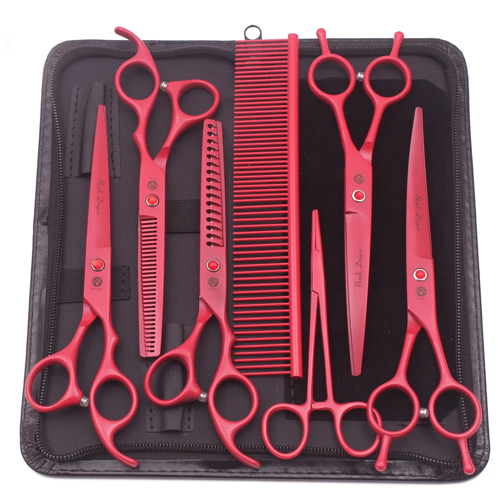 Purple Dragon Dog Grooming Scissors Kit 7" 6.5" Stainless Pet Curved Scissors Thinning Scissors Straight Shears Chunker Z3002