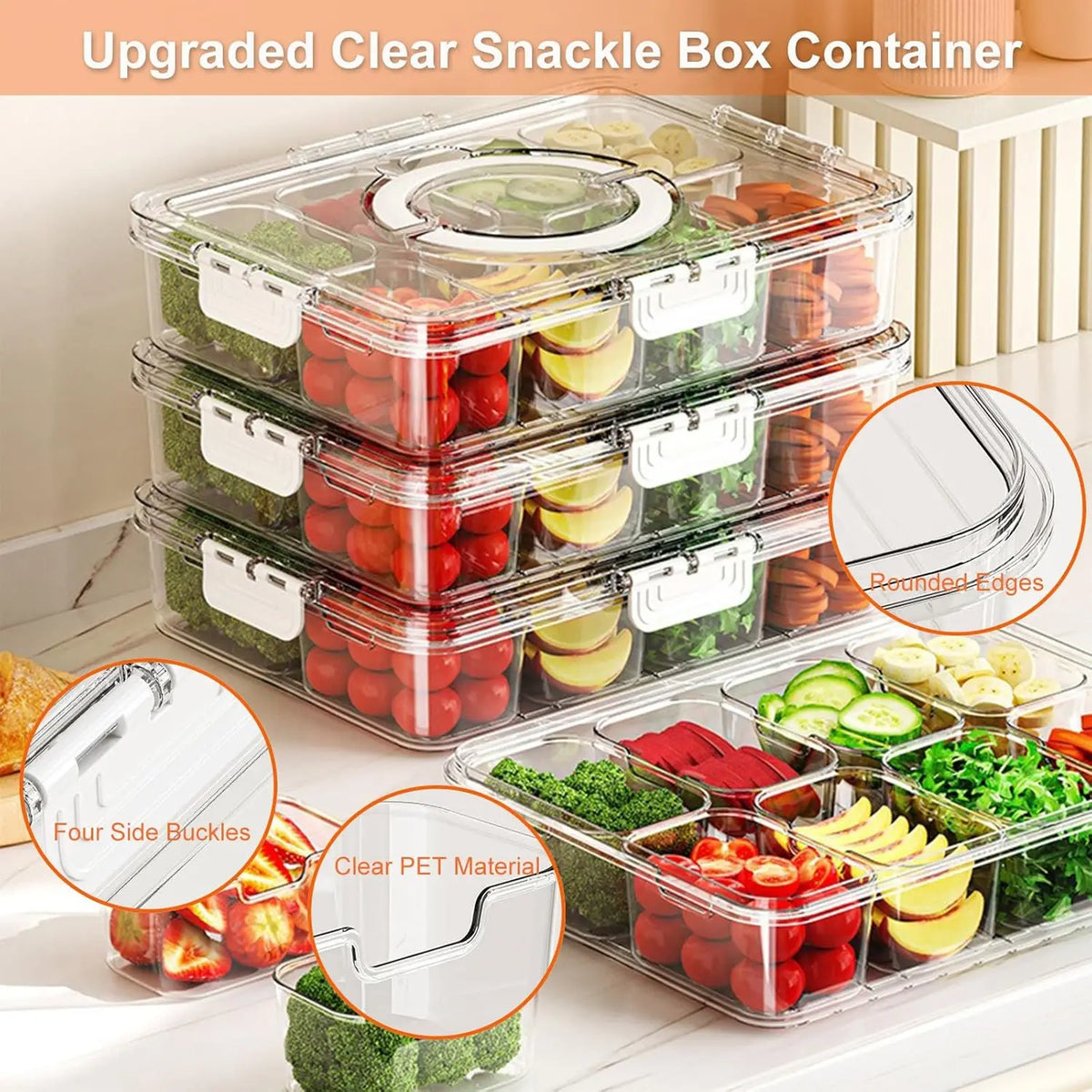 Veggie Tray with Lid and Handle, Divided Serving Tray, Snack Spinner, Portable Snackle Boxs for Candy Fruits Nuts, Clear Fridge