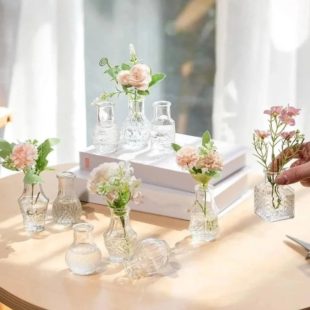 Mini Glass Bud Vase Set 10pcs Clear/Amber/Green Retro Relief Desktop Wedding Decor