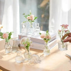 Mini Glass Bud Vase Set 10pcs Clear/Amber/Green Retro Relief Desktop Wedding Decor