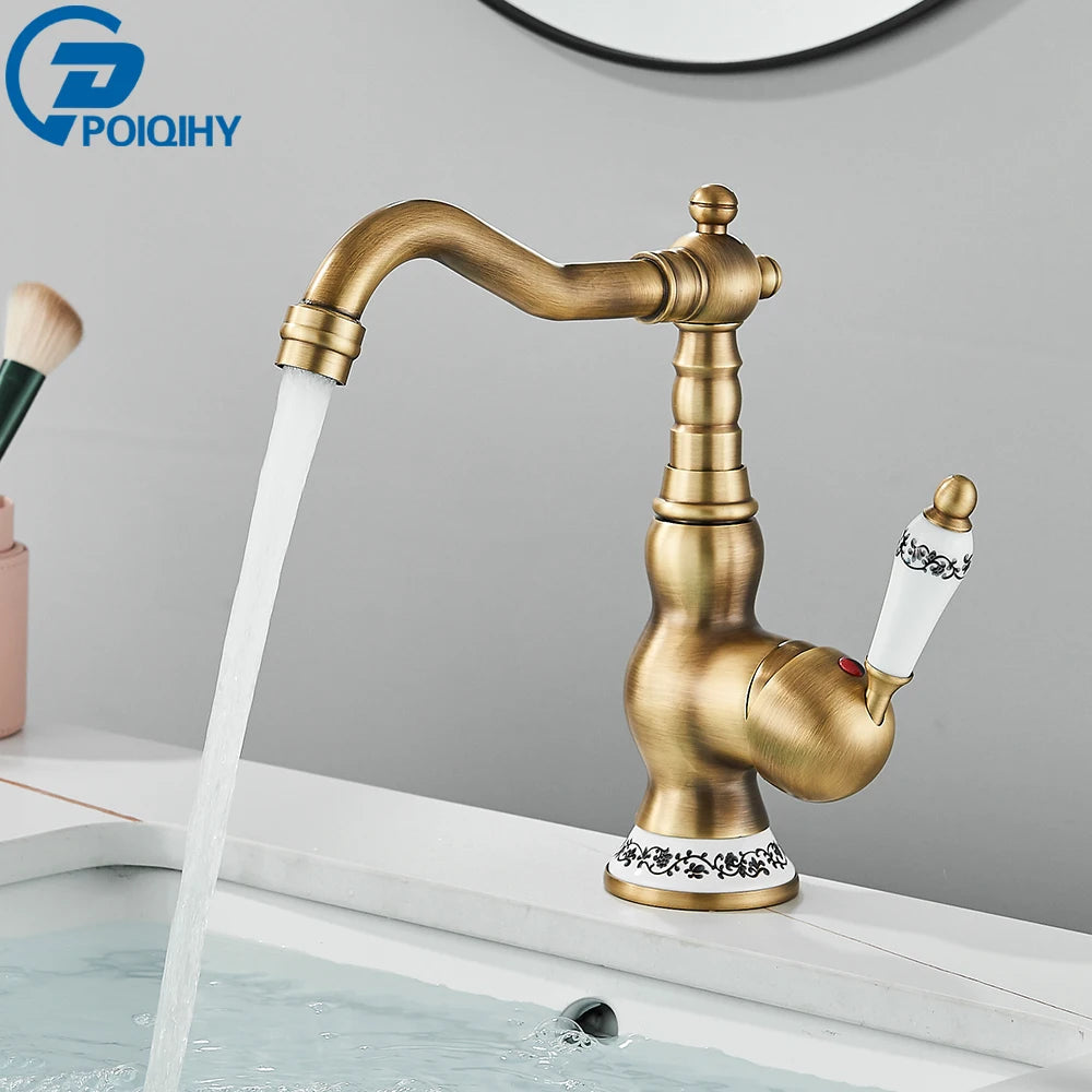Antique Brass Bathroom Faucet Rotating Spout Basin Sink Mixer Tap Bathroom Kitchen Washing Faucet Washbasin Taps Kitchen Mixers