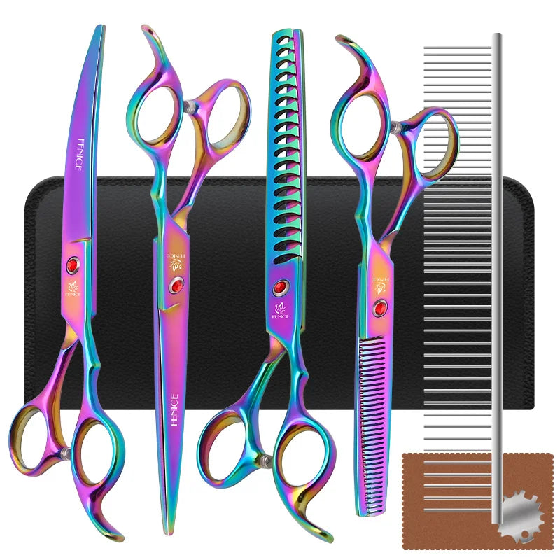 Fenice New design colorful 7.0 inch pet grooming scissors set straight thinning curved scissors