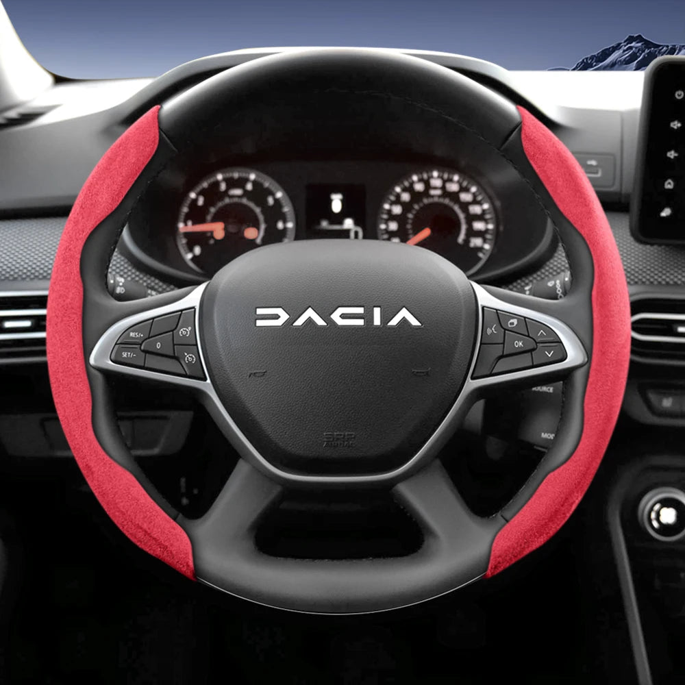 Suitable for Dacia Sports Suede Steering Wheel Cover, Split Snap-On Anti-Slip Style, for Models Such as Sandero Stepway, Duster, Jogger, Bigster, Spring, Electric, Cargo, Logan, Etc., in Black, Brown, Mocha, and Red Co