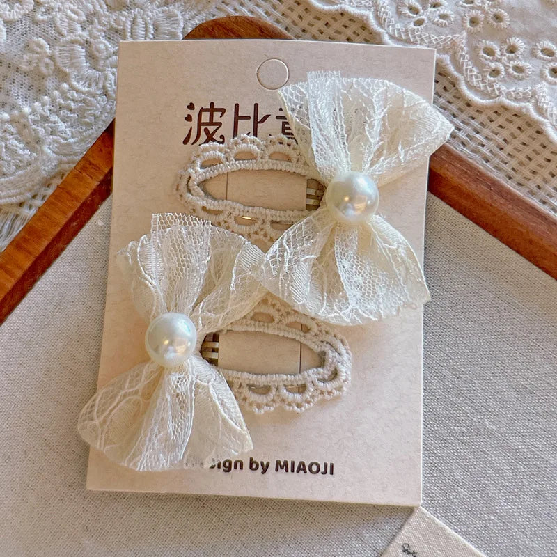 Minimalist Beige Hair Barrettes Korean BB Clip with Lace Pearl Accents Elegant Aesthetic Hair Clips for Women Girls