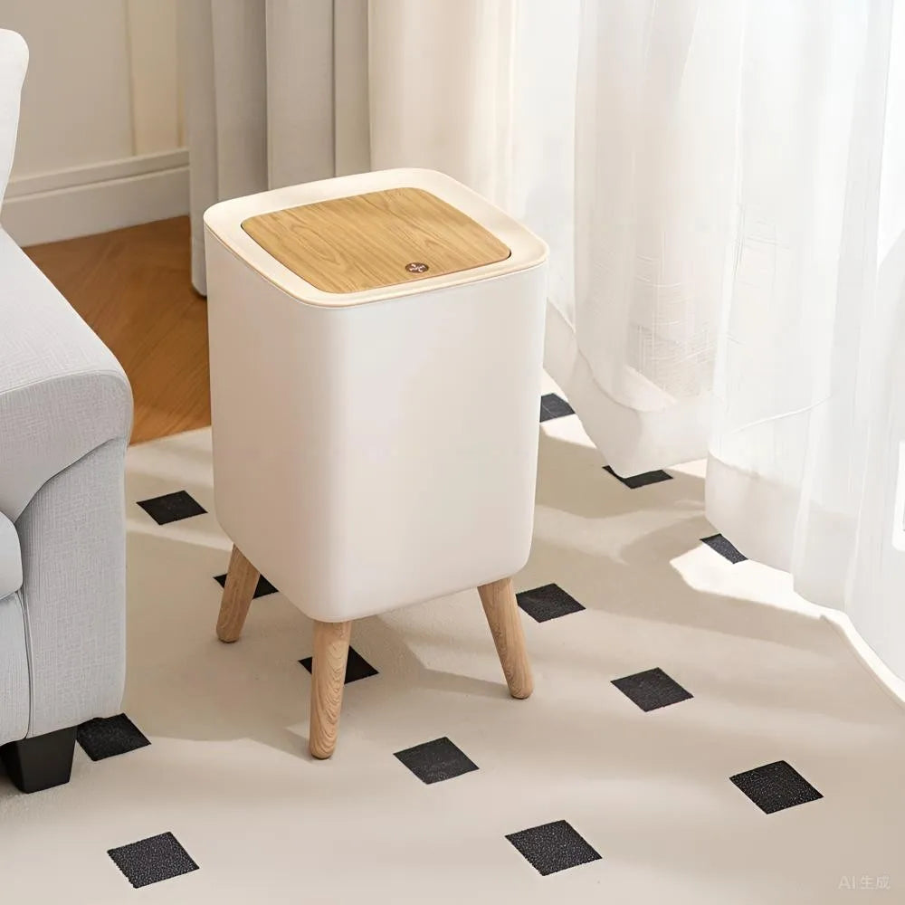 1 Piece High Clamshell Garbage Can, Suitable For Bedroom, Living Room, Bathroom, Press Trash Can, Imitation Wood Grain, White