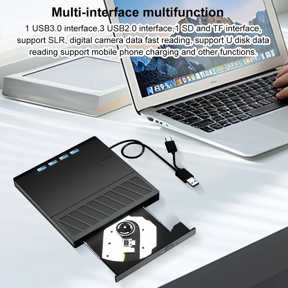 7-in-1 USB 3.0 Type-C External Blu-ray/DVD Drive Burner, Slim, Black, for Windows/Mac