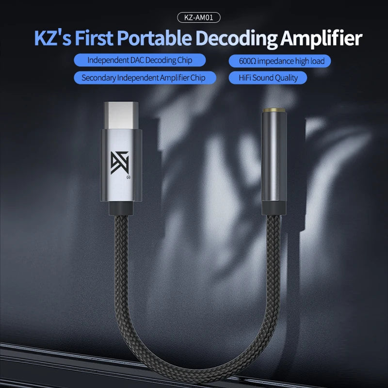 KZ AM01 USB-C to 3.5mm Headphone Adapter, 32-bit/384kHz Hi-Fi DAC Amp Dual-Chip