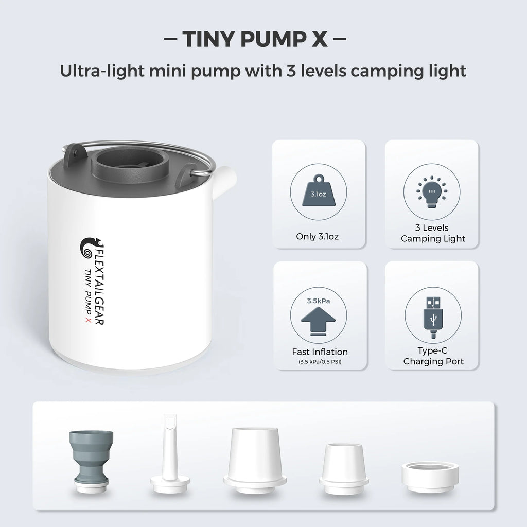 FLEXTAIL TINY PUMP X - Portable Air Pump, Mini Camping Pump with Light, USB-C Charging, Ideal for Sleeping Pad, Air Bed Mattress