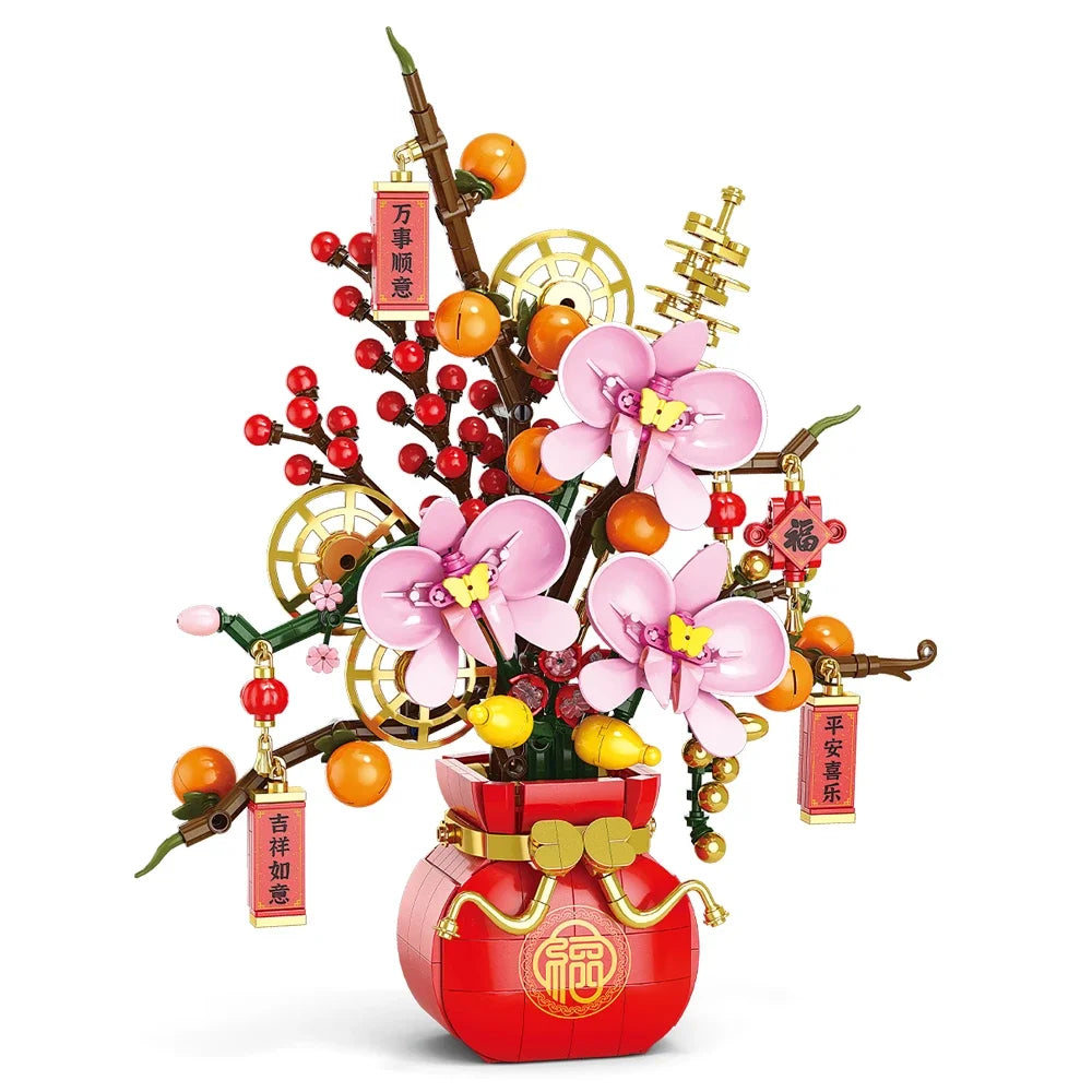 Flower Bouquet Plum Blossom Peach Blossom Narcissus Bonsai Potted Plant Building Blocks Model Home Decoration Toy For Kids Gift﻿
