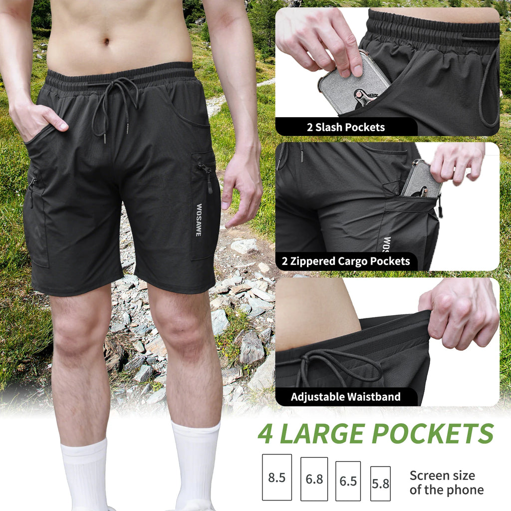 WOSAWE Cycling Shorts Men Padded Undershorts MTB Mountain Bike Wear Pockets Quick Dry Breathable Men's 2 In 1 Cycling Shorts