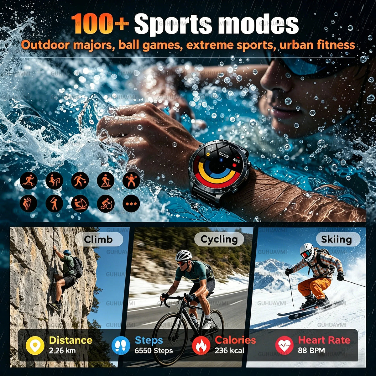 1.7in Sports Smartwatch 1400mAh Battery Bluetooth Call SOS Flashlight Waterproof, Black