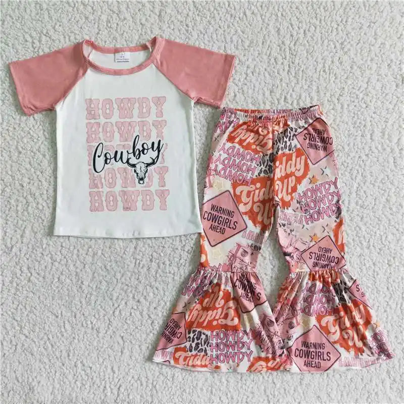 Wholesale No Moq Mama Baby Girl Clothes Short Sleeve Shirt Leopard Bell Bottom Pants Outfits Toddler Children Mother's Day Set