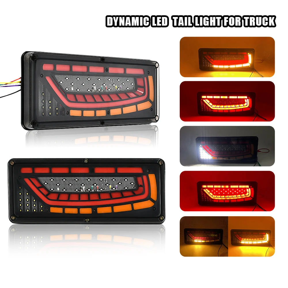 2PCS 12/24V Dynamic LED Truck Tail Light Turn Signal Rear Brake Lights Reverse Signal Lamp Trailer Lorry Bus Camper Caravan