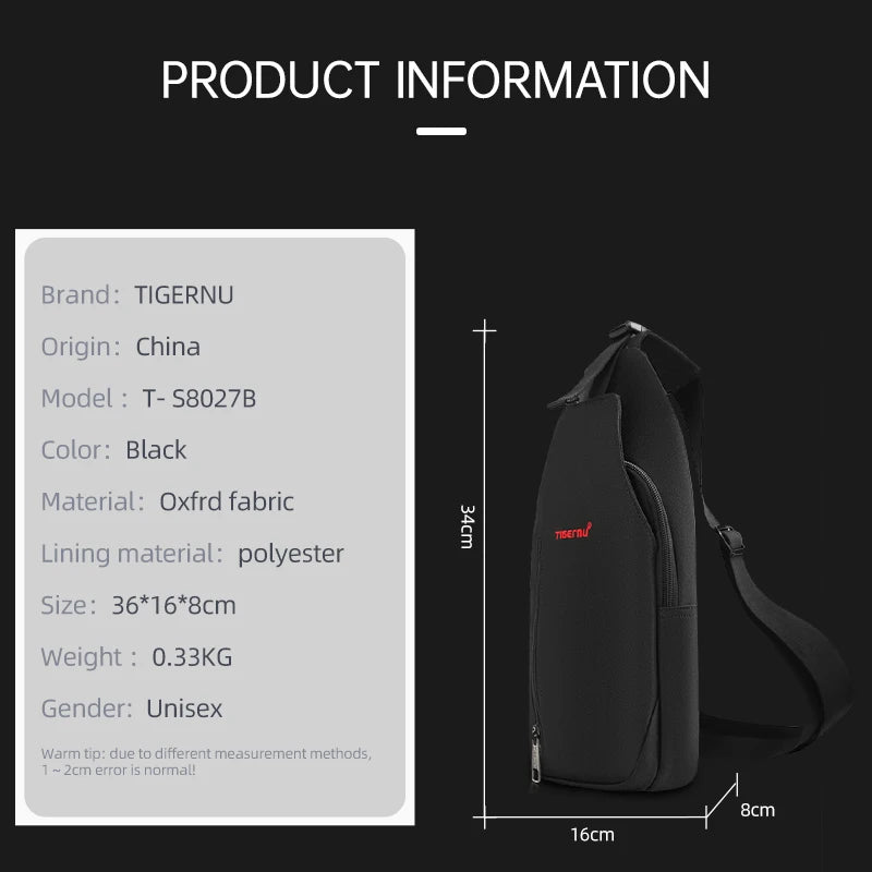 Tigernu Waterproof Oxford Crossbody Chest Sling Bag for Men, Black