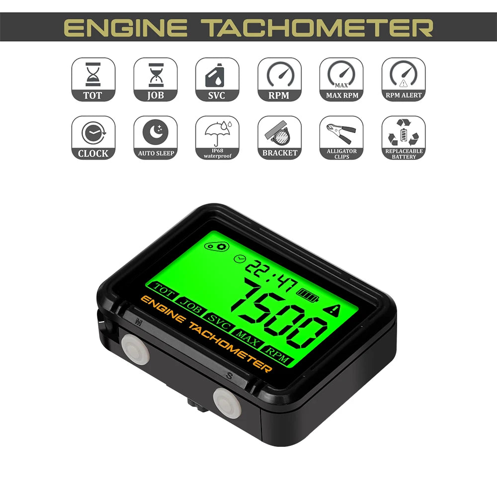 Tachometer Hour Meter Digital Motorcycle ATV Lawn Mower Engine Gauge LCD SVC Inductive Alert RPM Clock Backlight Waterproof