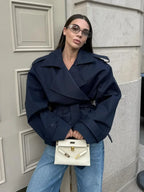 Women Lace Up Loose Trench Coat Fashion Long Sleeves Lapel Wide Shoulder Oversized Windbreaker Lady Commute Street Outerwear