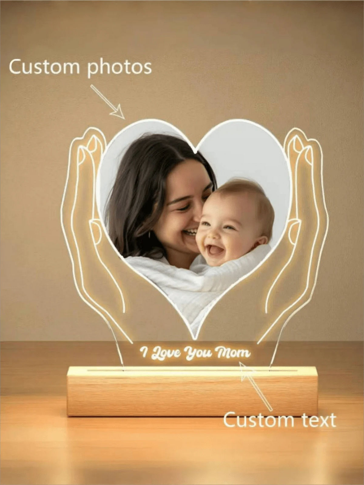 Personalized photo LED night light acrylic heart plaque wooden frame night light, baby ultrasound images, mother-to-be souvenirs