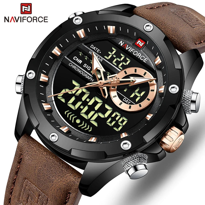 NAVIFORCE Men's Digital Quartz Sport Watch LED Waterproof Wristwatch, Gold Black
