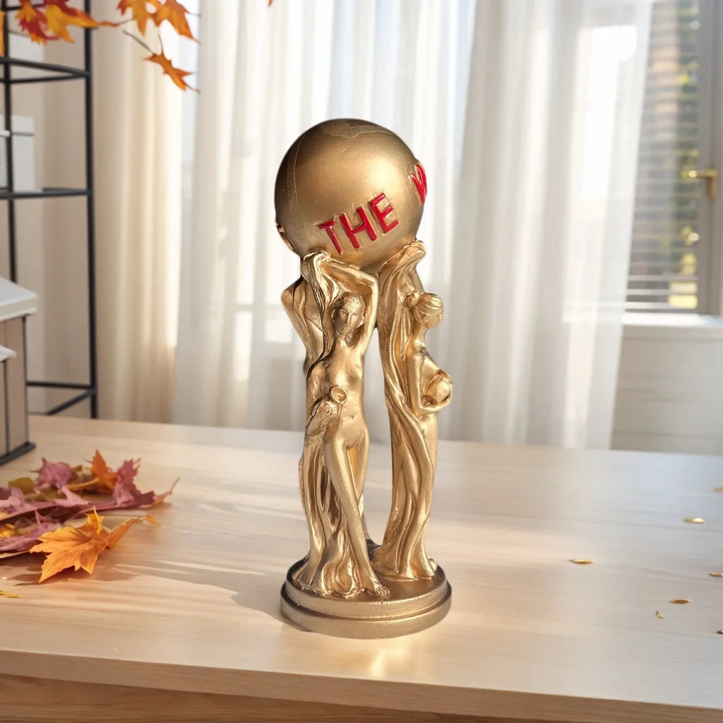 1 Piece of Light Luxury Art Ornament Featuring Three People Holding a Ball, with a Golden Texture and Engraved Text: the World Is Yours, a Great Item for Creating an Inspirational Atmosphere on the Living Room Table