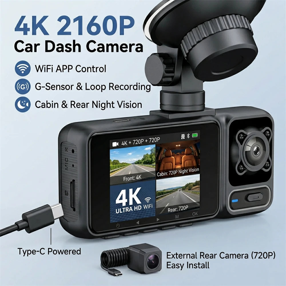 4K 3-Lens Dash Cam WiFi Car DVR Front Inside Rear Triple Camera 24H Parking Mode