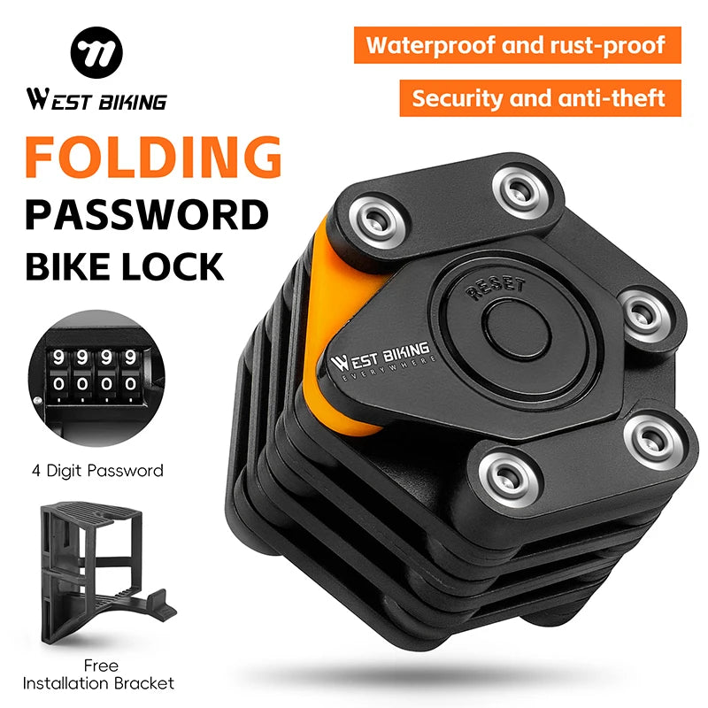 WEST BIKING Bicycle Folding Lock 4 Code Digits Anti-theft Lock Portable E-Bike Scooter Password Foldable Lock Cycling Accessorie