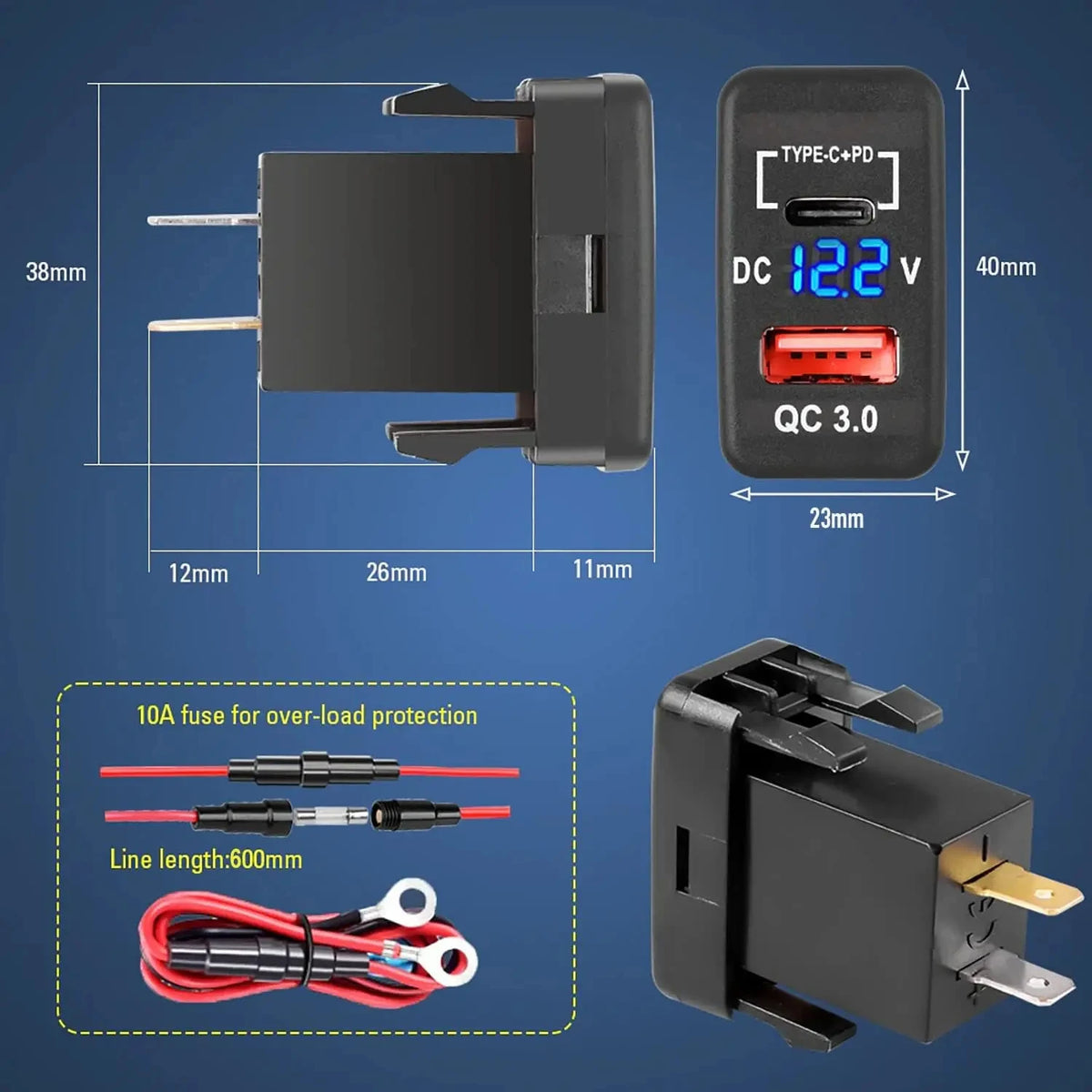 USB Car Charger Socket Quick Charge 3.0 & PD USB C Port Power Outlet Adapter for 12V/24V Toyota Vehicles