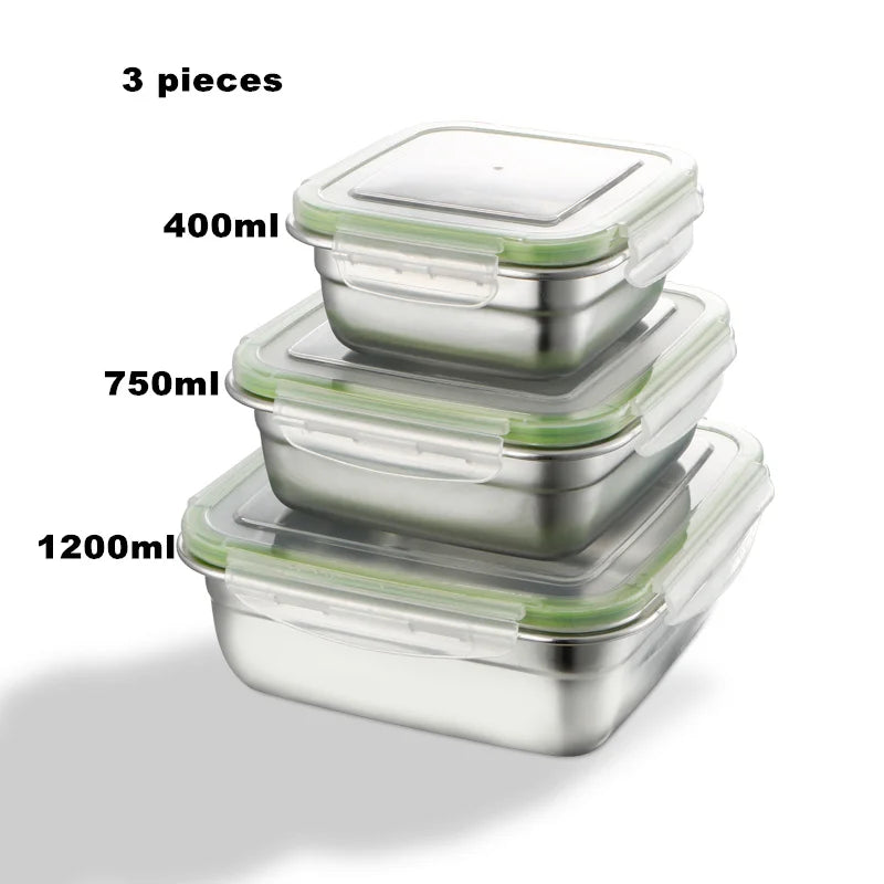 3 Pieces Stainless Steel Food Containers Food Storage Box Square Lunch Box 400/750/1200ml
