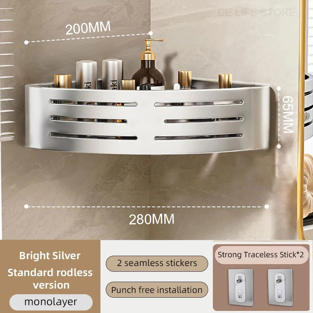 1-2PCS Bathroom Corner Shelf with Plastic Hook Towel Bar No Drill Space Aluminum Shower Storage Rack Bathroom Organizer