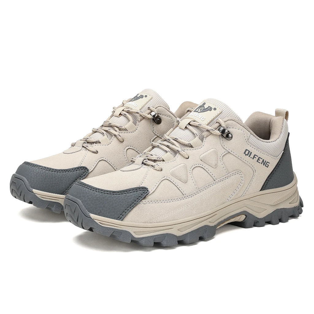 Men's Hiking Shoes Low Top Leather Trail Sneakers Anti-Slip, Black or Beige, EU 37-49