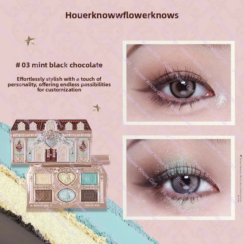 Flower Knows The Sweetie Bear Collection Eyeshadow Palette 6 Colors Glitter Matte Natural Bronzer Multi Use Kawaii Makeup