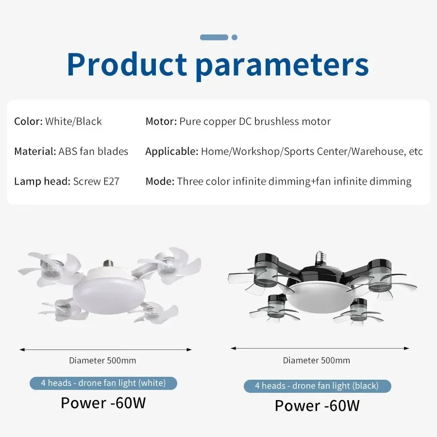 E27 Fan Light 2-in-1 60W  Drone Design Ceiling Fan Light with Remote Control AC85-265V Fan Lighting Bulb for Home Restaurant