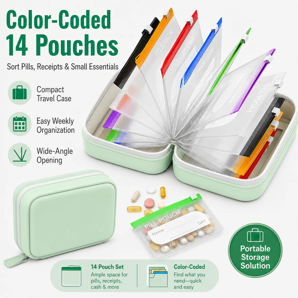Travel Pill Organizer Case with 14 Reusable Zipper Pouches, Food-Grade Silicone, Black